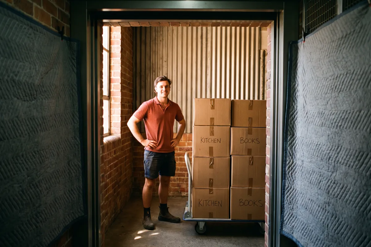 Mover with labelled boxes stacked on a trolley in an apartment lift lobby