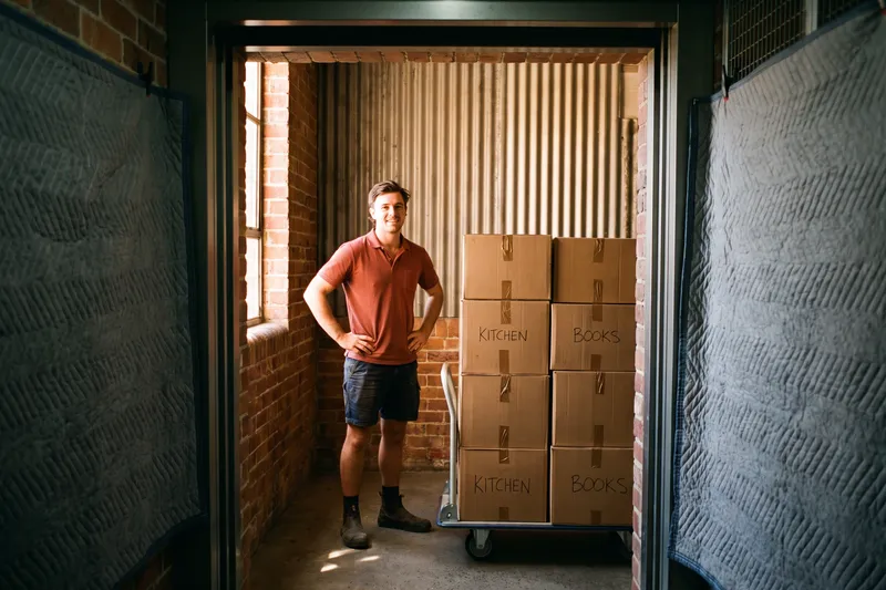 Mover with a stack of labelled boxes in an apartment building lift lobby