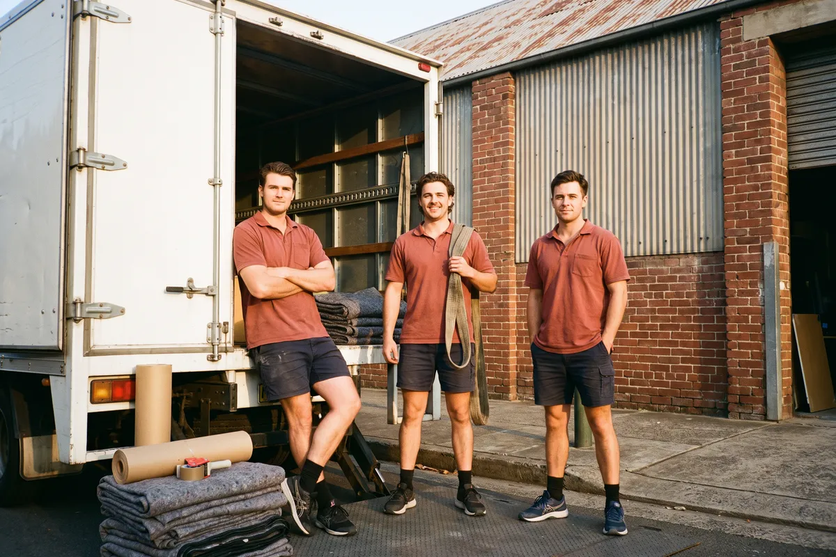 Removalist crew in brick-red polos standing by their truck outside a Marrickville warehouse