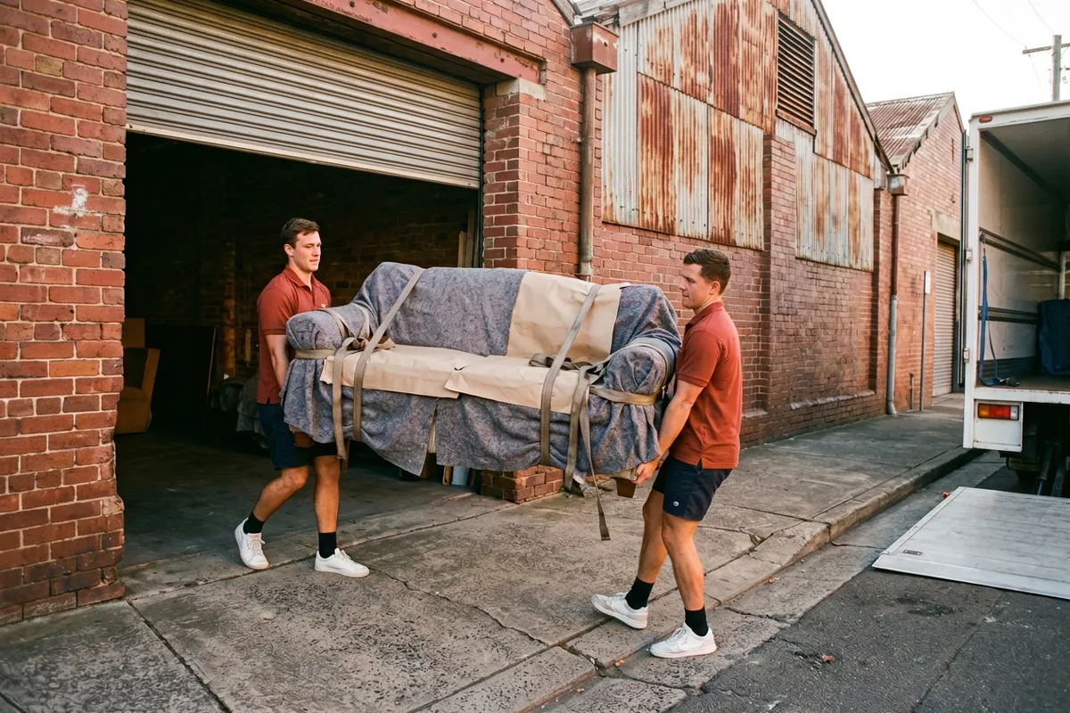 Two movers carrying a blanket-wrapped armchair out through the roller door of a red-brick Marrickville warehouse