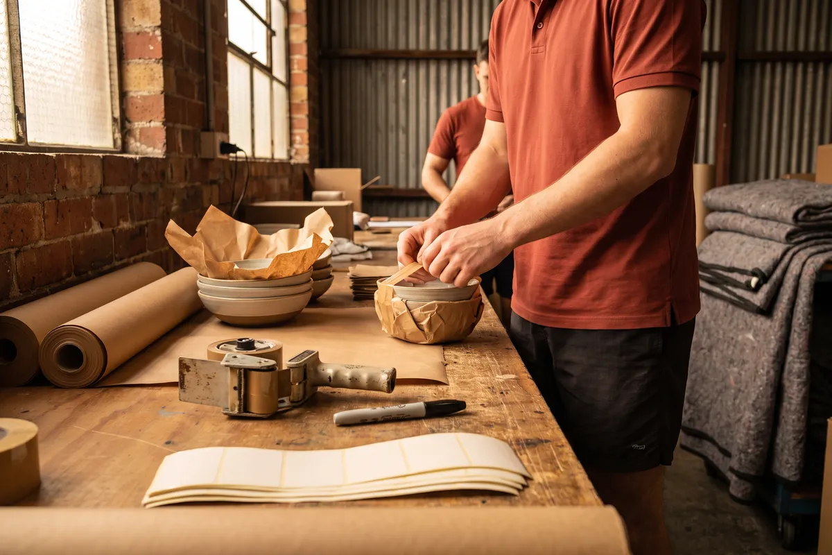 Packing bench with kraft paper, tape gun, marker and ceramics part-wrapped