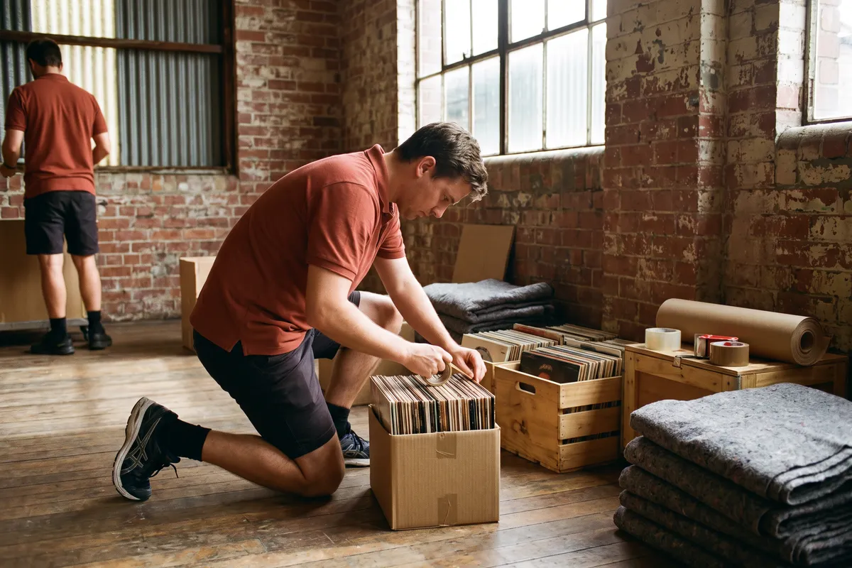 Mover taping and labelling a small box of vinyl records