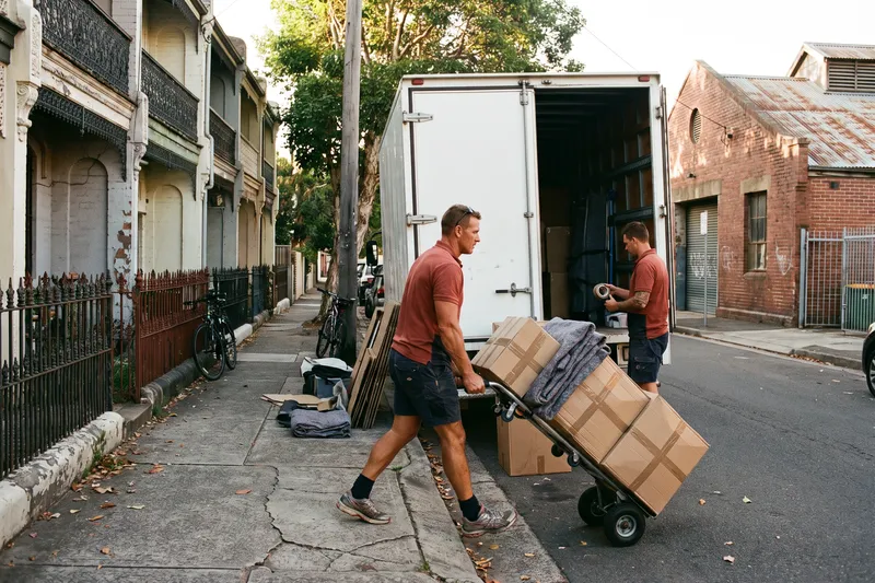 Moving truck parked outside a row of terrace houses on a narrow Marrickville street