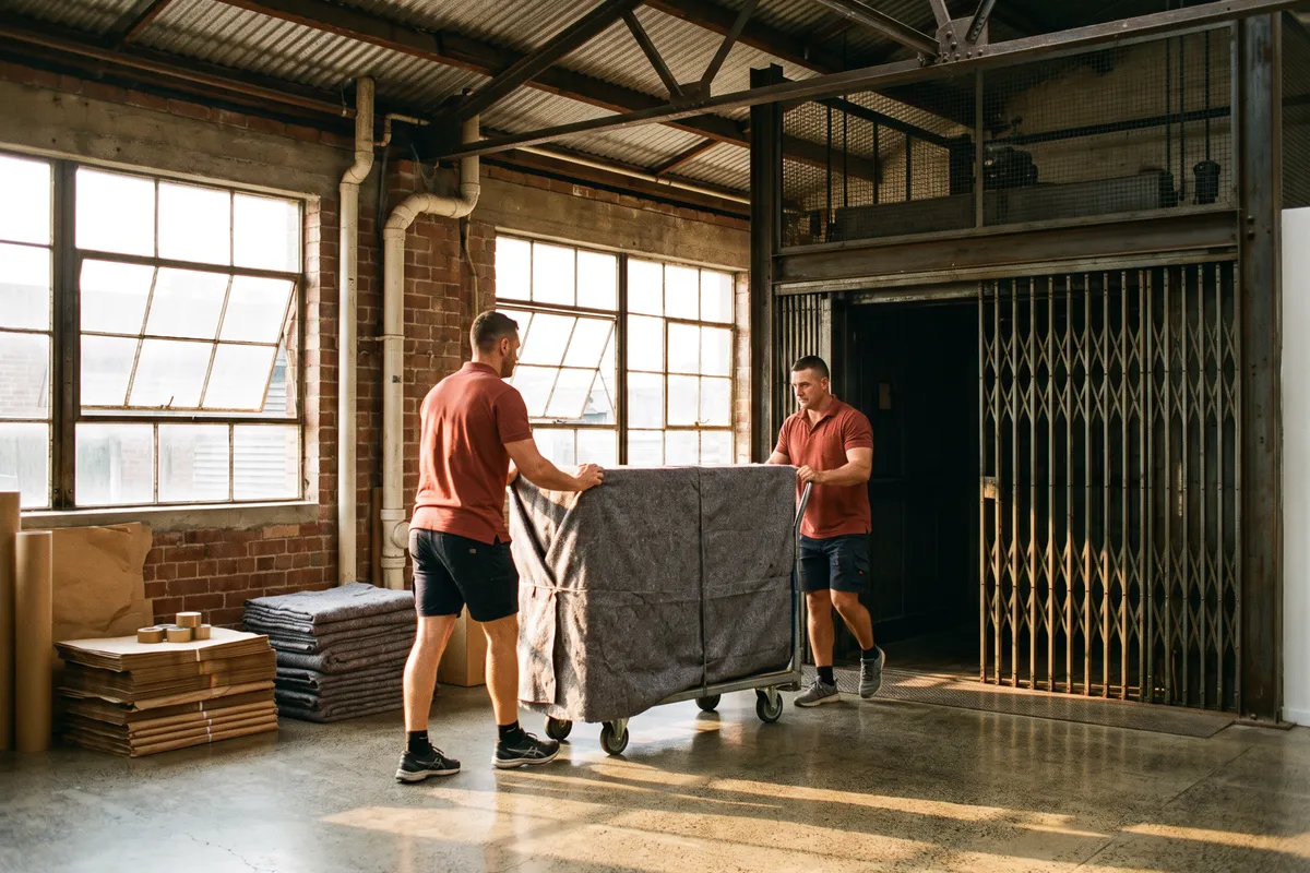 Mover wheeling blanket-wrapped furniture across the concrete floor of a converted warehouse toward a freight lift