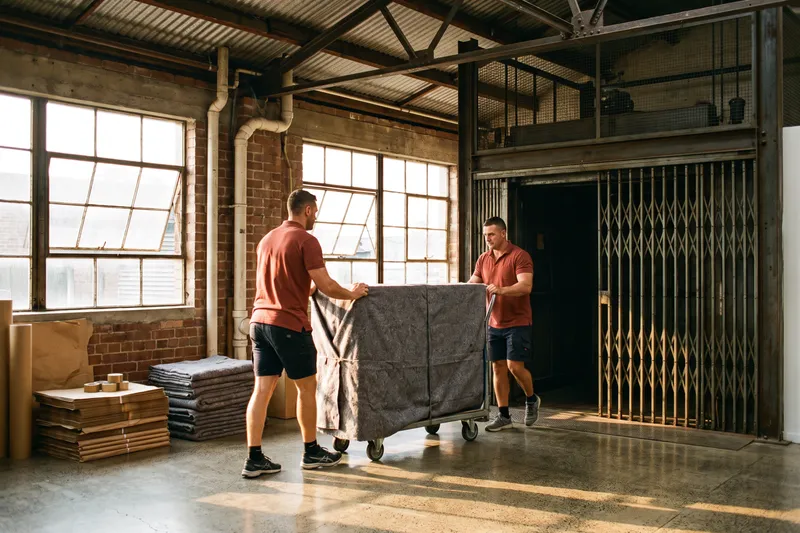 Mover wheeling wrapped furniture across the concrete floor of a converted warehouse